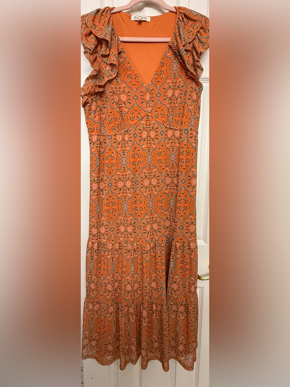Black Rainn Orange Floral Ruffle Maxi Dress Large (0218)